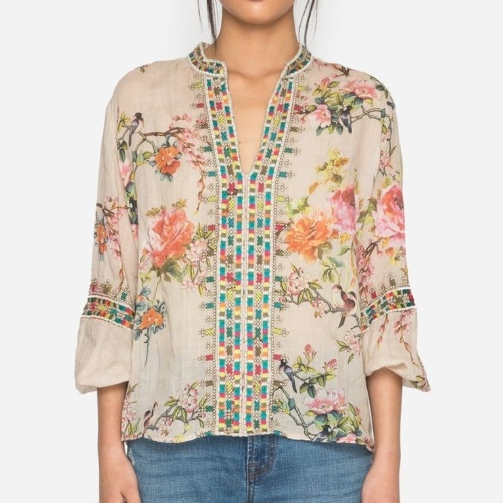 Johnny Was Paris Effortless Blouse Pink Floral Ramie Embroidered Blouse Medium
